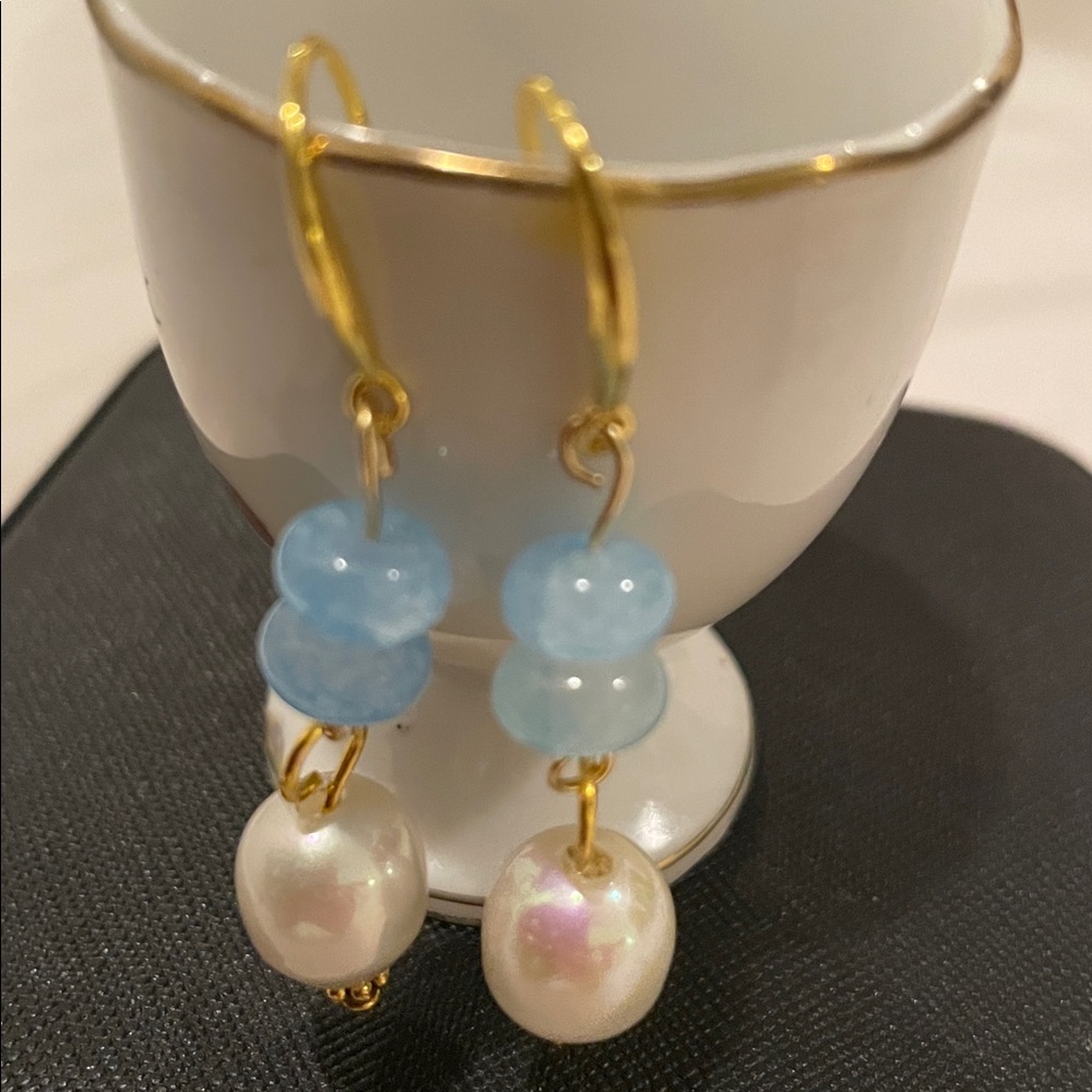 Elegant sterling 925 Gold and aquamarine  Pearl Drop Earrings - Picture 6 of 10